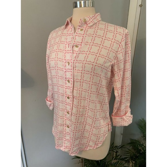 Women’s Linen pink & white clover leaf button up blouse PM M summer comfort Prep - Picture 7 of 12